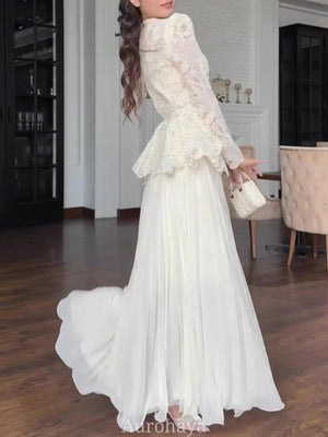 Aurohaya Long Sleeve Maxi Dress Set — Lace Peplum Top & Flowing Skirt