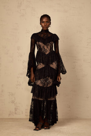 Aurohaya Roxane black floral-lace ruffled maxi dress