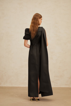 Aurohaya Annabelle Black Cape-Design Ribbon Maxi Dress