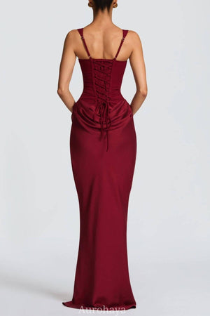Hortense Square Neck Corset Maxi Dress / Red