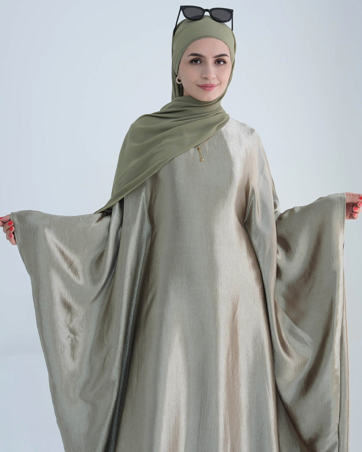 Wrinkled Satin Light Green Butterfly Abaya Dress