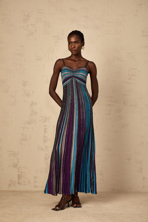 Aurohaya Bruyère Purple Sequin Striped Knit Maxi Dress