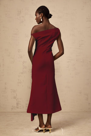Aurohaya Laurine asymmetrical draped midi dress in Burgundy