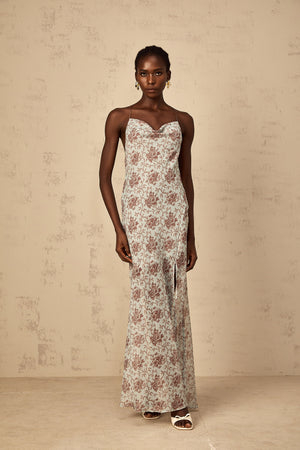 Aurohaya Honorine Blue Sleeveless Floral Print Maxi Dress
