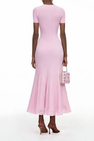 Aurohaya Thalya Pink Lace Trim Knit Midi Dress