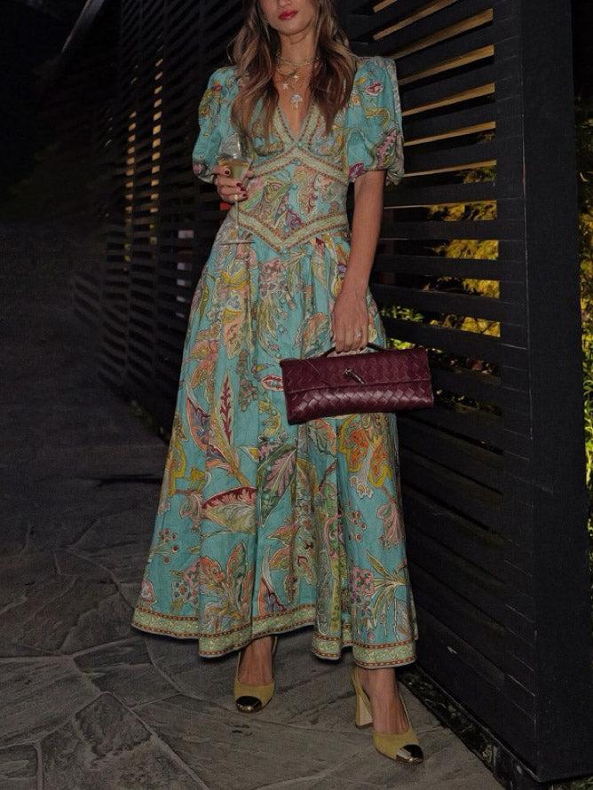Aurohaya Unique Satin Vintage Floral Print Puff Sleeve Midi Dress