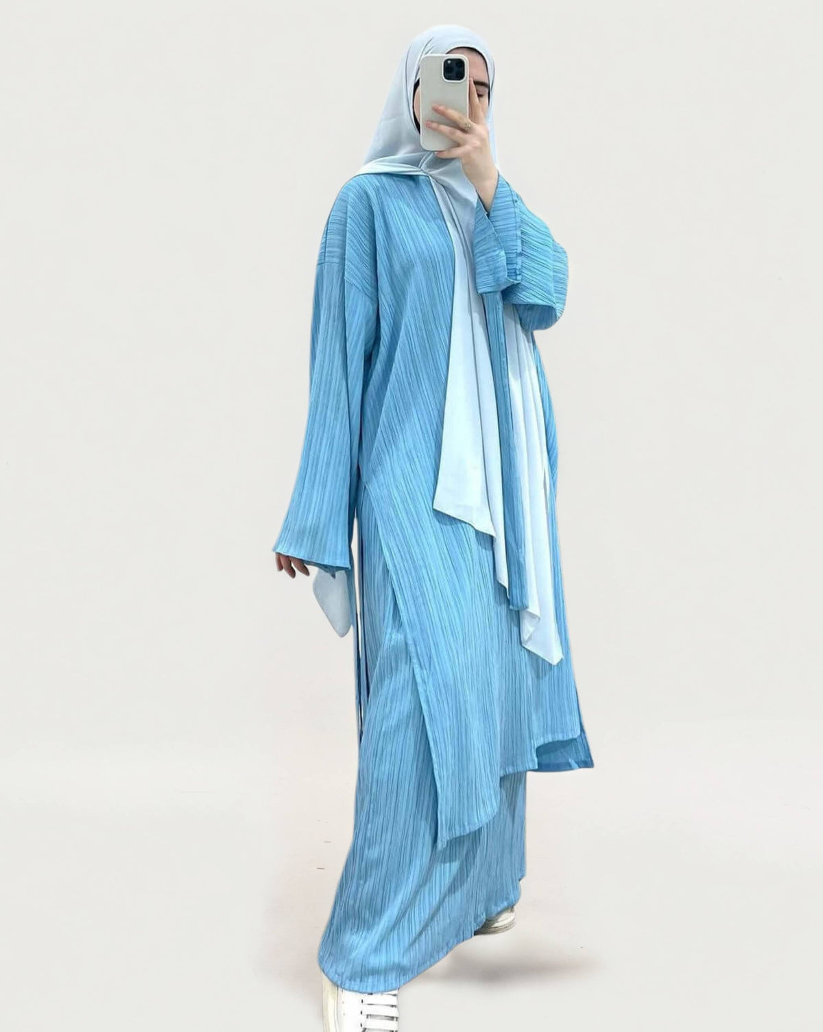 Long Sleeved Pleated Abaya 2-Piece Set