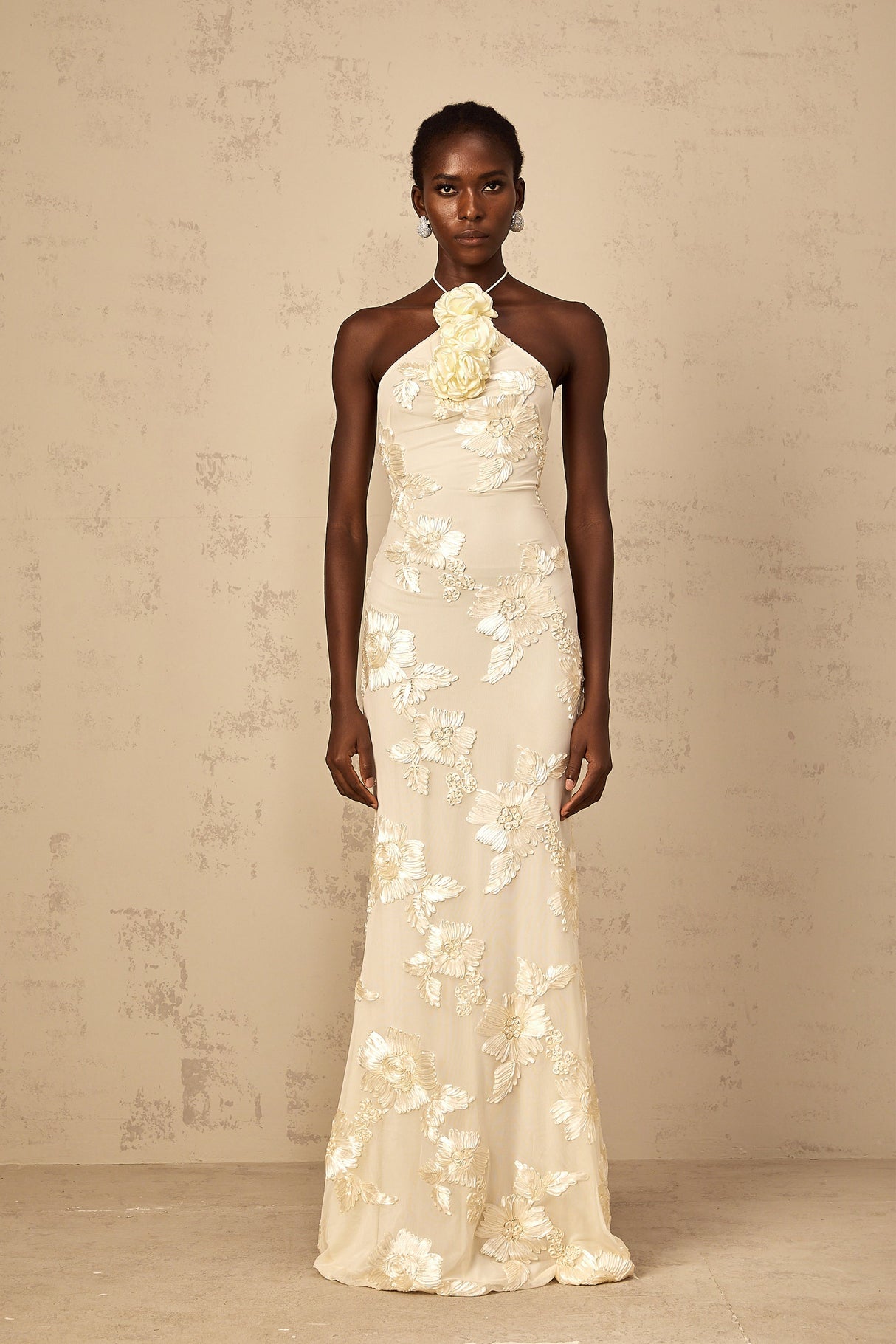 Aurohaya Melanie Neutrals Embroidered Halterneck Maxi Dress