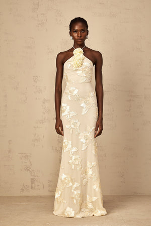 Aurohaya Melanie Neutrals Embroidered Halterneck Maxi Dress