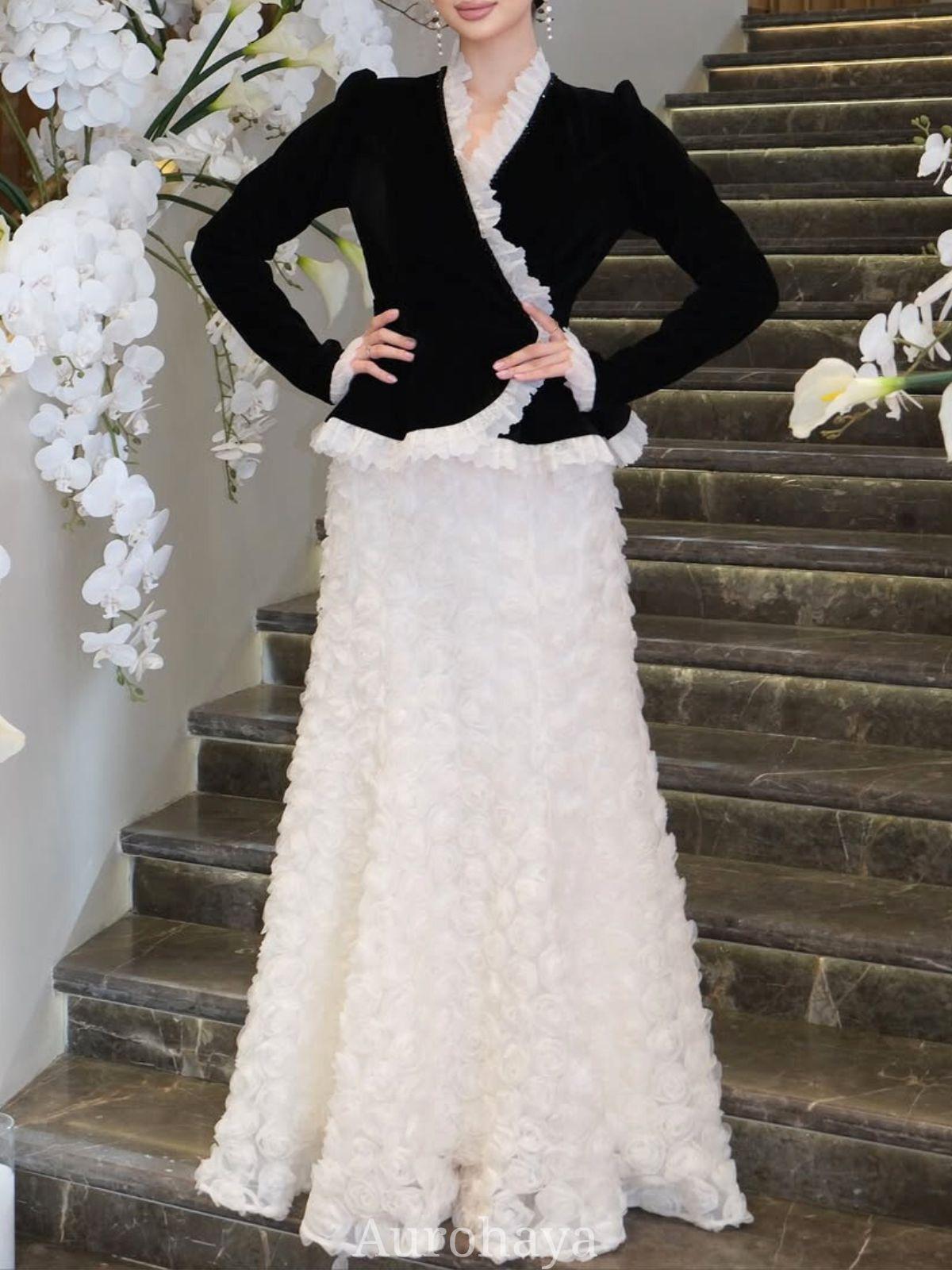 Aurohaya Velvet Ruffle Evening Dress Set — Peplum Blazer & Floral Mermaid Skirt