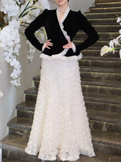 Aurohaya Velvet Ruffle Evening Dress Set — Peplum Blazer & Floral Mermaid Skirt