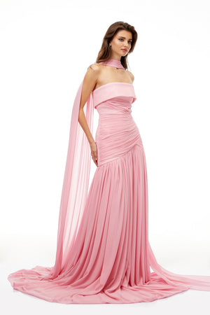 Aurohaya Laetitia Pink Pleated Train Ruched Maxi Dress