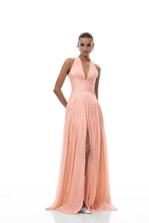 Aurohaya Térébenthine Pink Glossy Gathered Maxi Dress