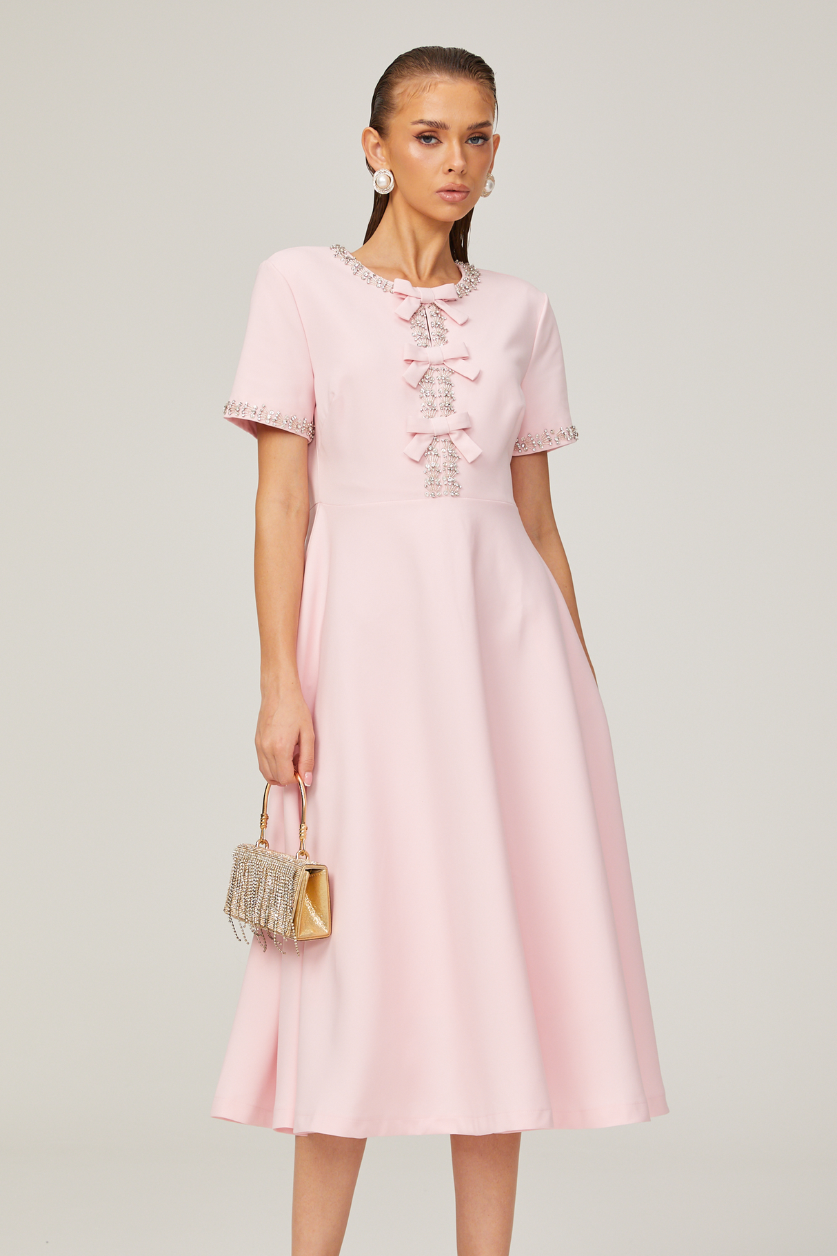 Aurohaya Cassi crystal-accented pink bow midi dress