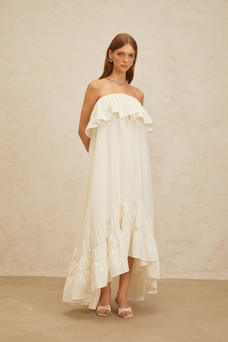Aurohaya Bénédicte White Vibrant Off Shoulder Shirred Maxi Dress