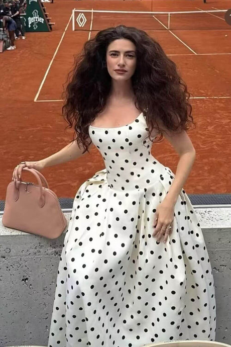 Aurohaya Madeleine Polka Dot Square Neck A-Line Midi Dress