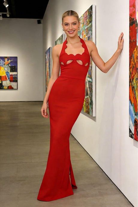 Aurohaya Noisette Halter Cut-Out Bodycon Maxi Dresses