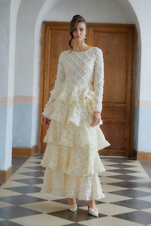 Aurohaya Halla Neutral Tiered Floral Lace Maxi Dress