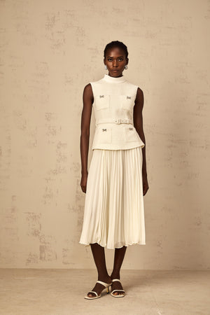 Aurohaya Dulcie Off-White Tulle Panel Tweed Midi Dress