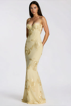 Aurohaya Théoline Yellow Floral Appliqué Corset Maxi Dress