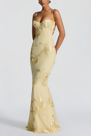 Aurohaya Théoline Yellow Floral Appliqué Corset Maxi Dress