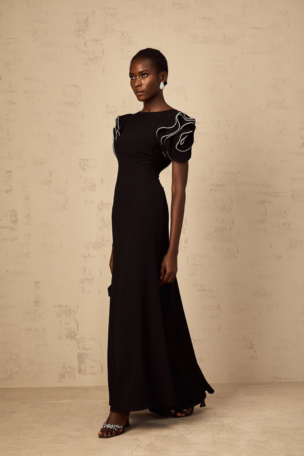 Aurohaya Bruyère Black Ruffled Embellished Maxi Dress