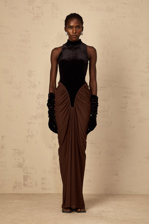 Aurohaya Mathilde brown velvet-panel ruched maxi dress