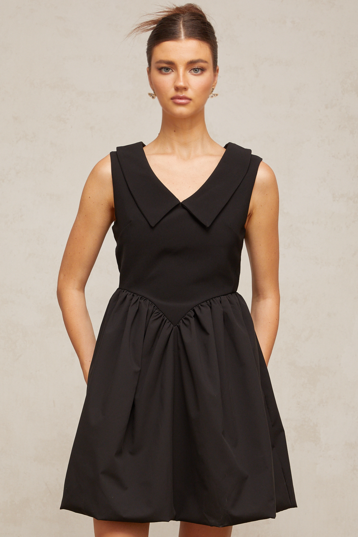 Aurohaya Sandrine black lapel puff mini dress
