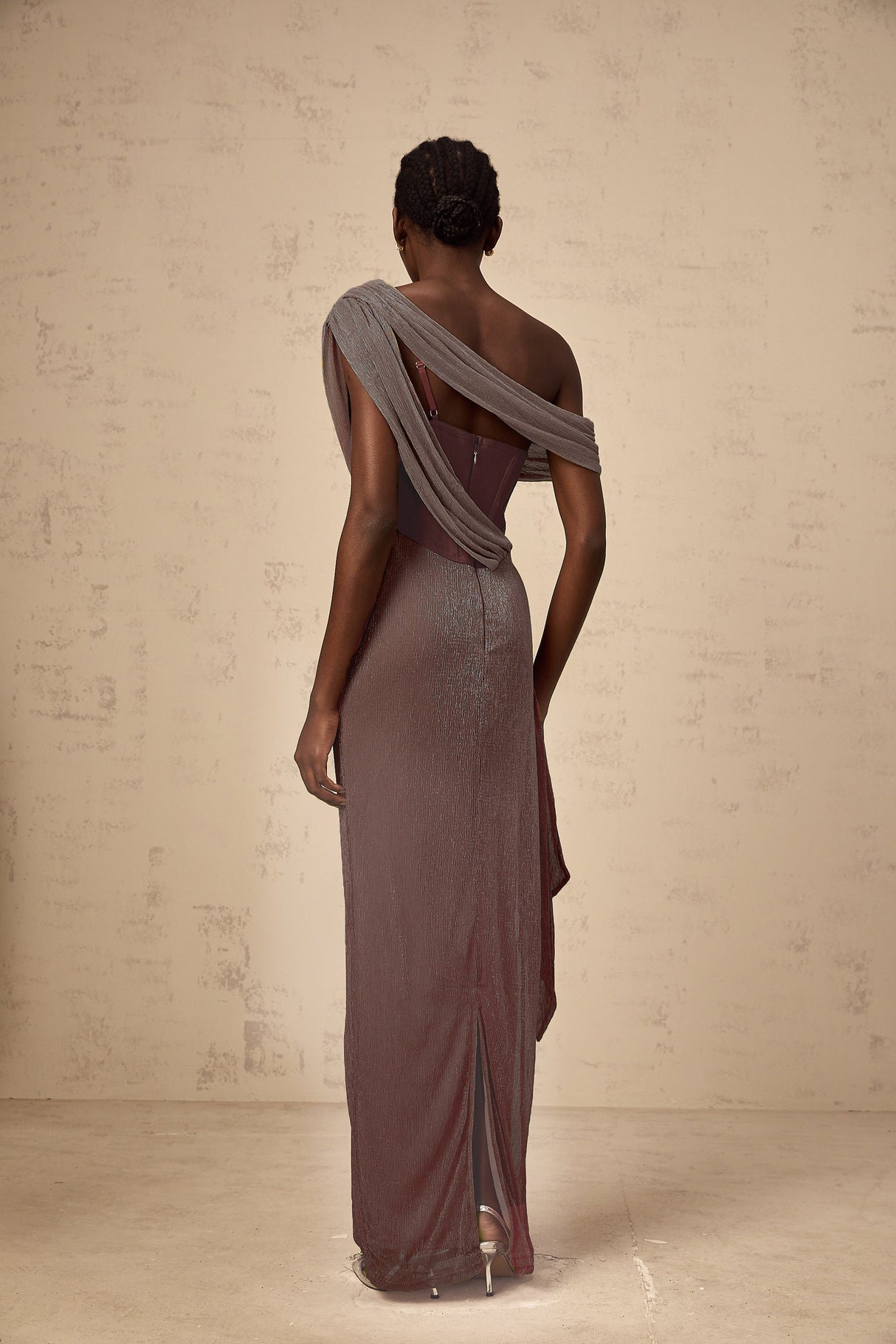 Aurohaya Delphine ribbon-design corset maxi dress in Brown