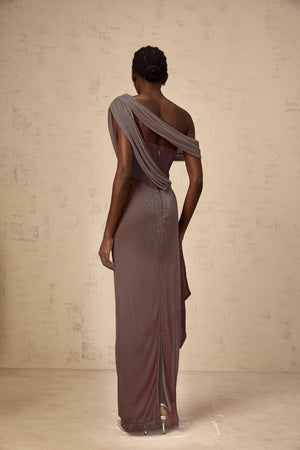 Aurohaya Delphine ribbon-design corset maxi dress in Brown