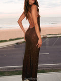 Vespertine Rhinestone Maxi Dress Backless Mesh Evening Gown