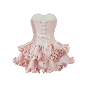 Aurohaya Laurine Pink Ruffled Satin Mini Dress