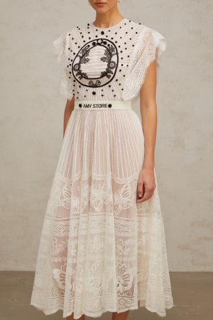 Aurohaya Phoebe white jacquard floral-lace pleated midi dress