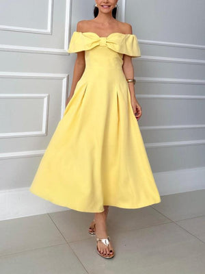 Aurohaya Elegant One-shoulder Bow Tie A-line Midi Dress