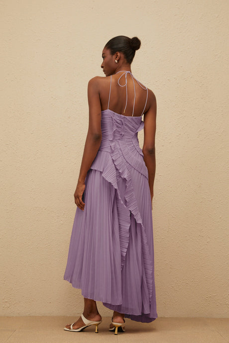 Aurohaya Doux Purple Ruffled Trim Pleated Midi Dress