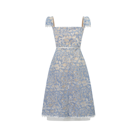 Aurohaya Gaëlle Blue Floral Embroidered Midi Dress