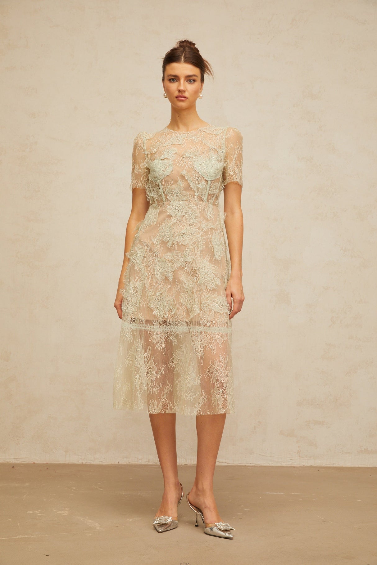 Aurohaya Xaviera mint-green floral-lace midi dress