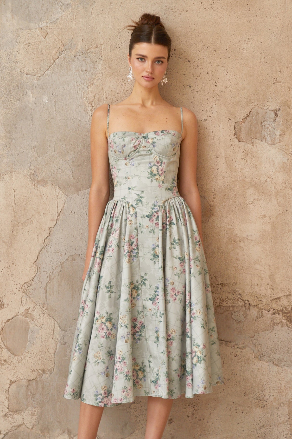 Aurohaya Prunelle sage-green floral-print shirred midi dress