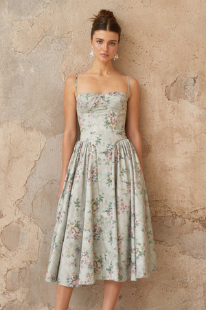 Aurohaya Prunelle sage-green floral-print shirred midi dress