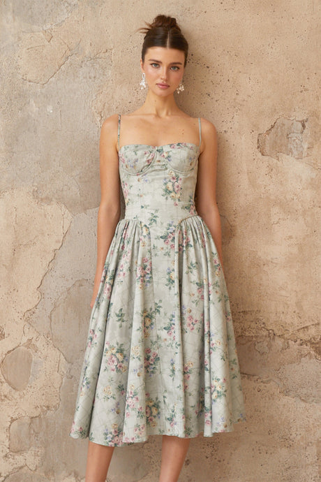 Aurohaya Prunelle sage-green floral-print shirred midi dress