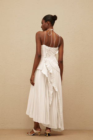 Aurohaya Doux White Ruffled Trim Pleated Midi Dress
