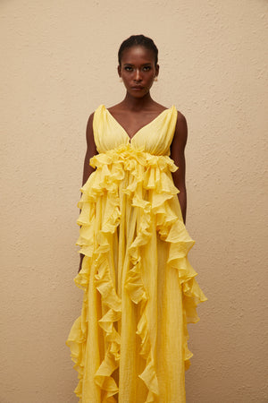 Aurohaya Estelle Yellow Crinkled Ruffled Maxi Dress