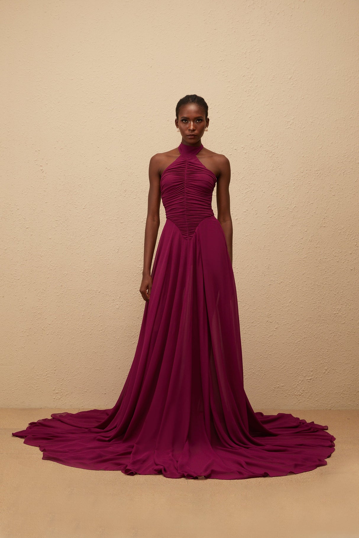 Aurohaya Kerstin Purple Train Design Ruched Maxi Dress