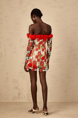 Aurohaya Anaya Red Rose Appliqué Embroidered Mini Dress