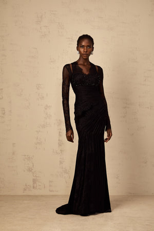 Aurohaya Ursula black floral-lace mermaid maxi dress