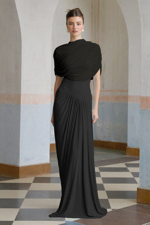 Aurohaya Catherine Black Asymmetrical Pleated Maxi Dress