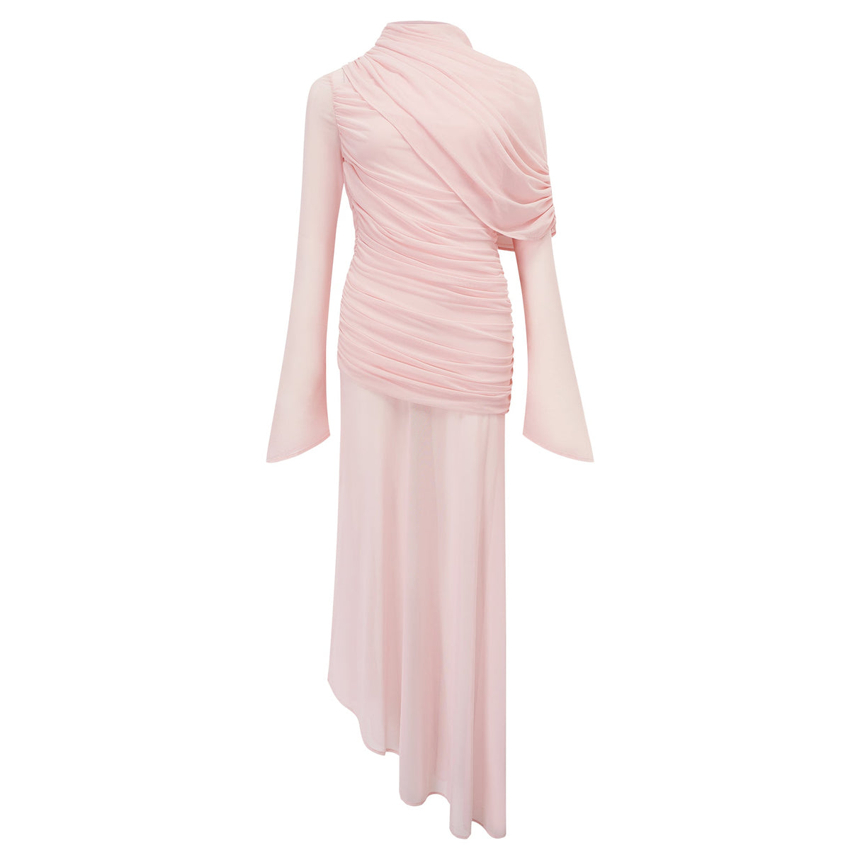 Aurohaya Garance Pink Asymmetrical Ruched Mesh Maxi Dress