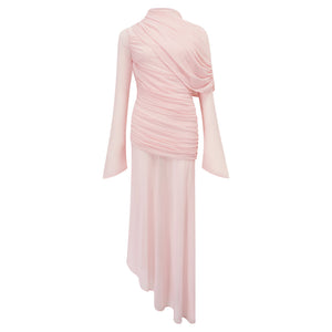 Aurohaya Garance Pink Asymmetrical Ruched Mesh Maxi Dress