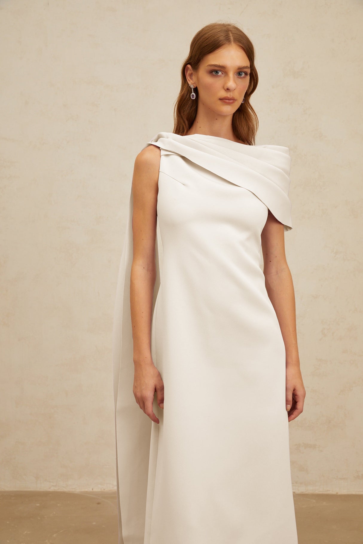 Aurohaya Annabelle White Cape-Design Ribbon Maxi Dress