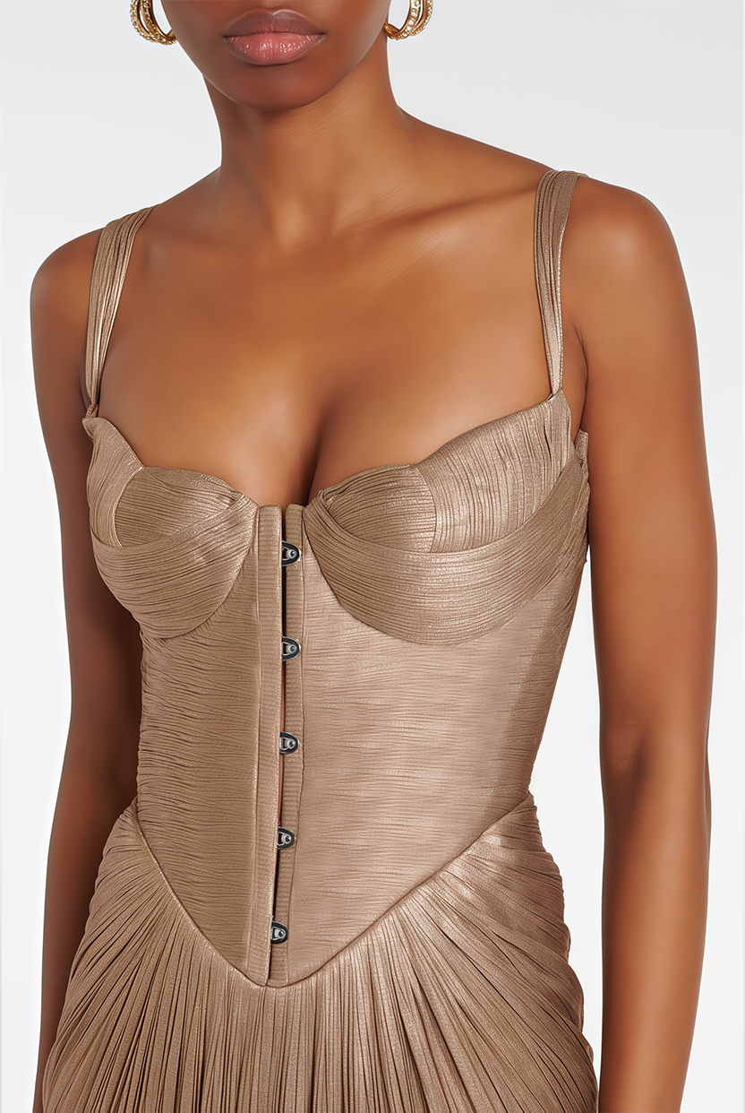 Aurohaya Nicoletta Gold Glossy Pleated Corset Maxi Dress